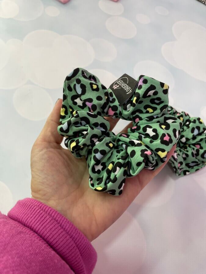 Mini green leopard scrunchies